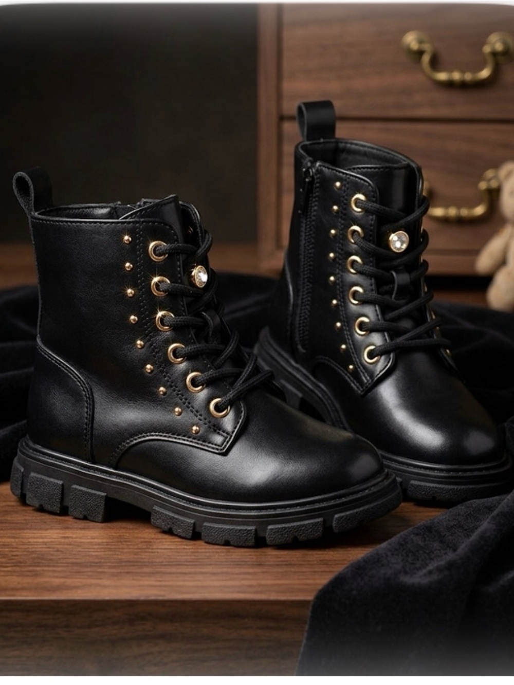 Black Lace-Up Combat Boots with Gold Eyelets